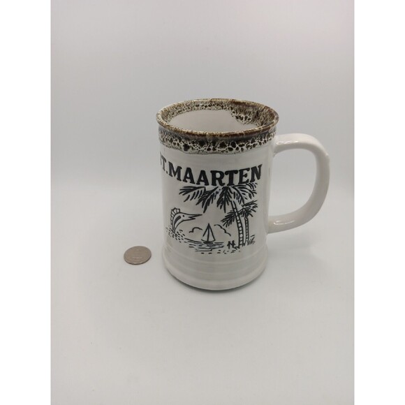 St. Maarten Coffee Mug Cup White Black Town Hall Steel Band Fish Japan Vintage - Picture 11 of 11